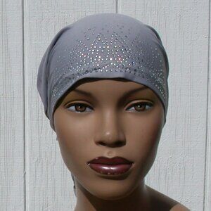 Rhinestone Tie Back Cap Cotton Bonnet Hijab Undercap Grey